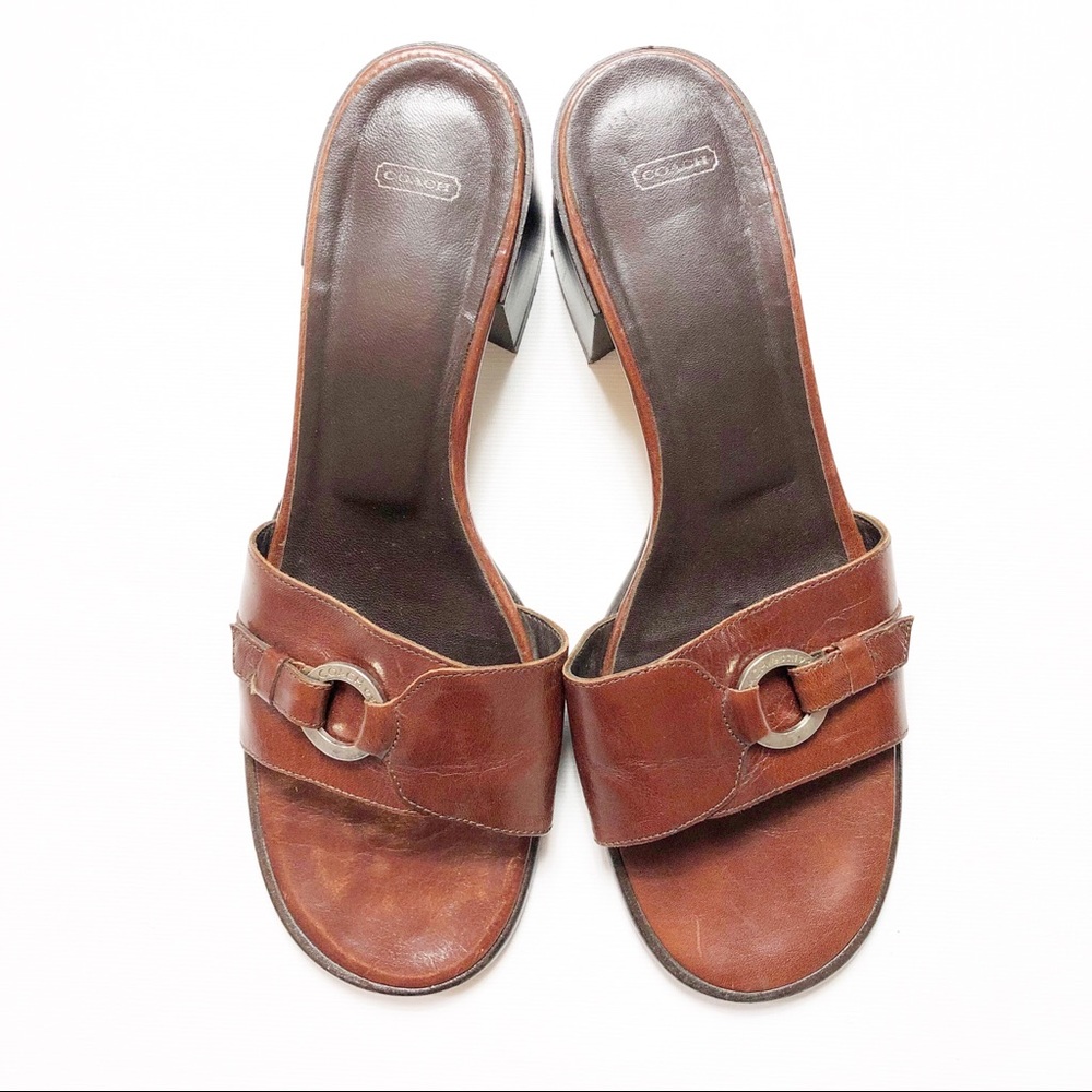 COACH Slides Sandals Block Heels Brown Leather